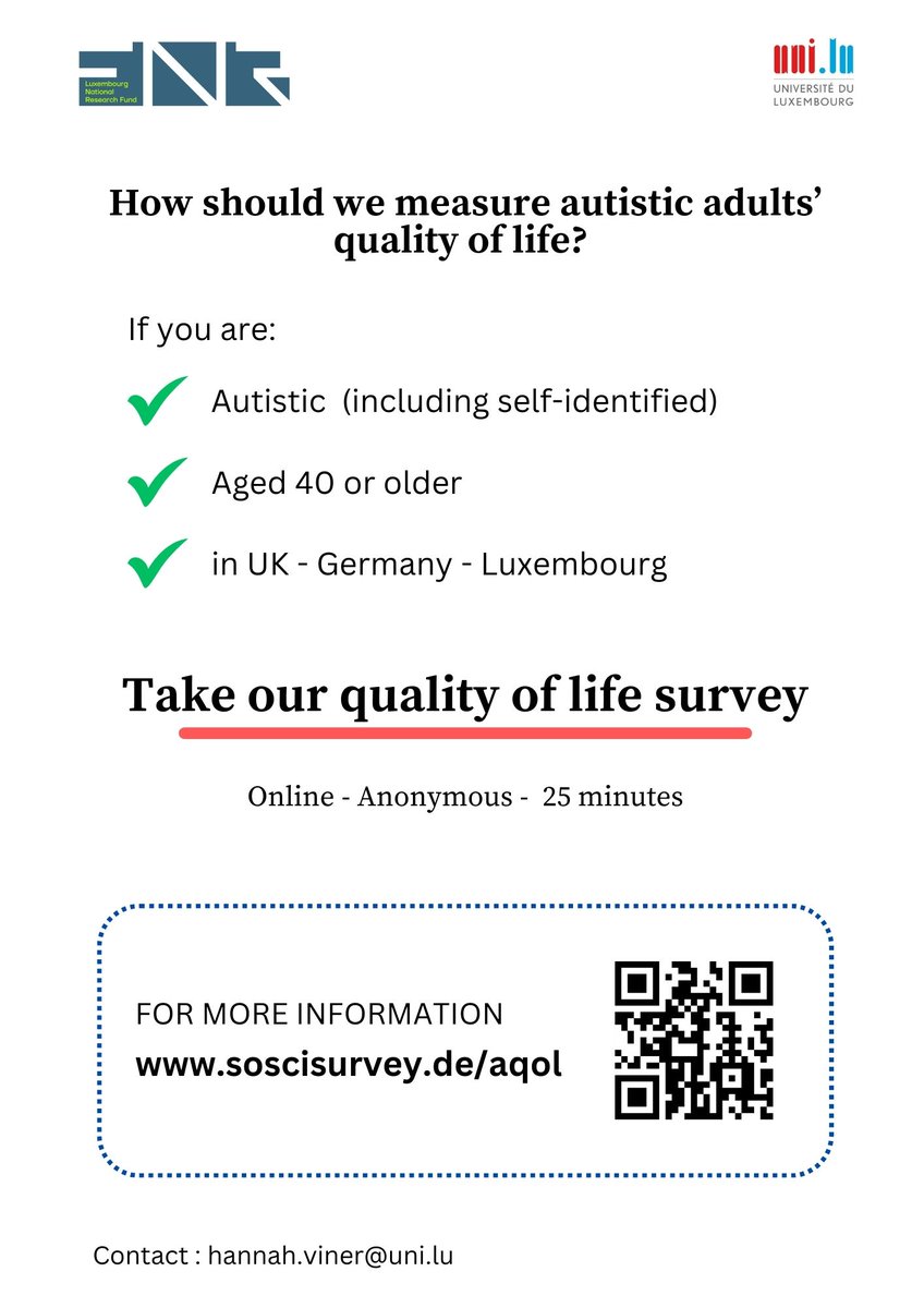 If you are #ActuallyAutistic, aged 40 or over, and live in the UK, Germany or Luxembourg, please consider taking part in <a href="/hannah_viner/">hannah.viner</a>'s study about how we should measure autistic adults' quality of life. Shares and retweets much appreciated