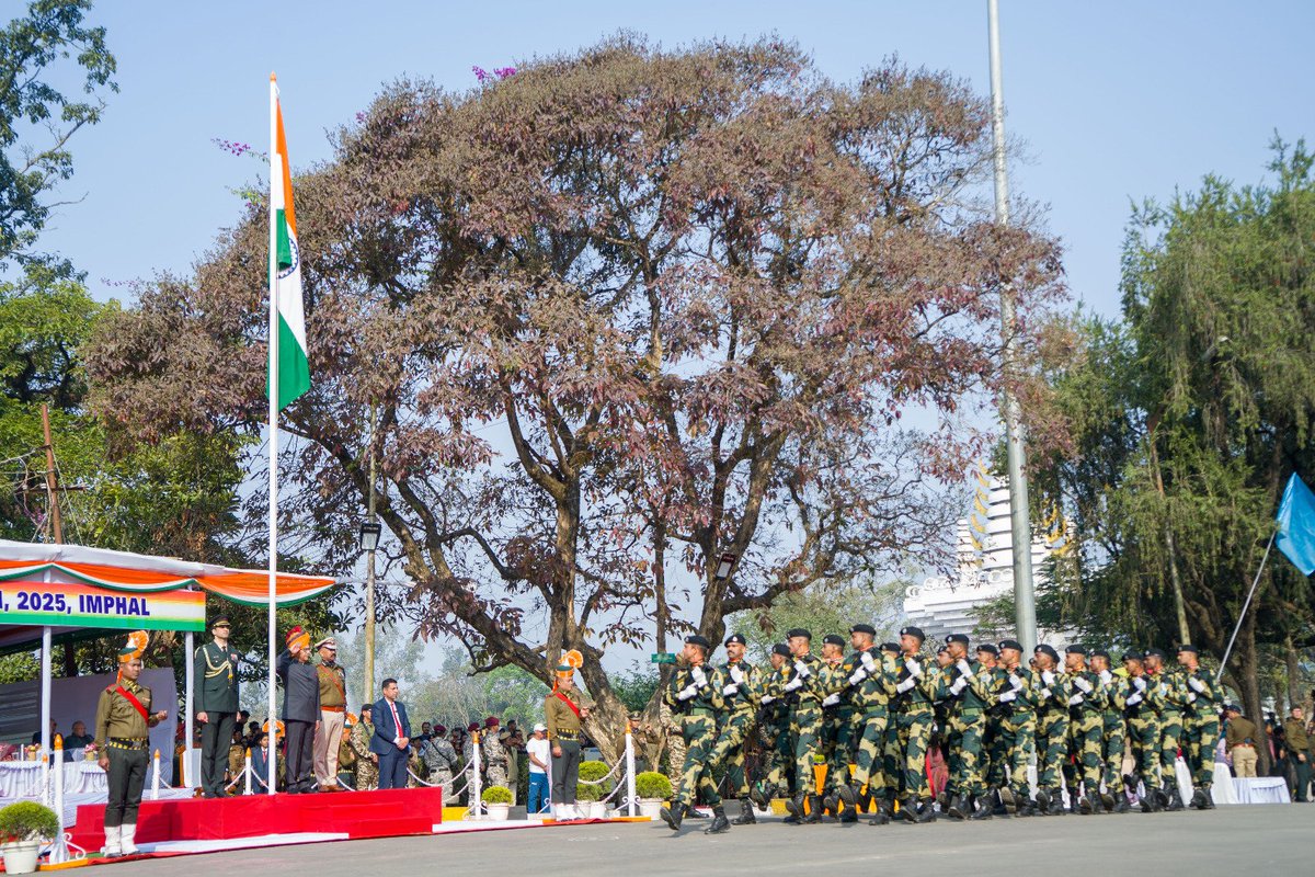 manipur_cmo's tweet photo. MANIPUR CELEBRATES 76th REPUBLIC DAY
Manipur celebrated the Country’s 76th Republic Day joining the nation-wide celebration, with mass participation from across the State. The State Level Republic Day Celebrations, 2025 was held at historic Kangla with Governor of Manipur Shri Ajay Kumar Bhalla unfurling the National flag and taking salute from different march-past contingents.
Hon'ble CM Biren Singh, Cabinet Ministers, Member of Parliament, Members of Legislative Assembly, Chief Secretary, Security Advisor, Director General of Police and Senior Civil and Police Officials also took part in the celebration.
The celebration began with the Governor inspecting the Guard of Honour accorded by a contingent commanded by Shri Jay Barange, IPS Probationer, Thoubal District.
Later, Governor Shri Ajay Kumar Bhalla unfurled the Tricolour amidst playing of the National Anthem by 1st Battalion Manipur Rifles Band and then took salute from 54 march-past contingents including different band contingents, commanded by Smt. Laishram Sarita Devi, MPS, SP (Sports), Manipur. Apart from this, 10 different Cultural Troupes and Tableaux of 12 different Departments along with a special Drive Past from Manipur Fire Service Department also took part in marching contingents following the march-past.
Delivering the Vote of Thanks at the 1st Bn. Manipur Rifles Parade Ground, Hon'ble CM N Biren Singh extended his best wishes to all the participants of the march past contingents including uniform contingents, cultural troupes, school and college contingents among others.

Hon'ble CM continued that Republic Day has been celebrated every year on 26th January since 1950, the day on which the Constitution of India came into effect, adding that today's celebration marks the 76th Republic Day of our country.
He further stated that India got independence in 15th August, 1947 and after that, the Drafting Committee of the Constituent Assembly took the responsibility to draft the Constitution of India. As such, the Constitution of India came into effect on 26th January, 1950 and the people of the country proudly celebrated the day as the Republic Day. He also extended his gratitude to the members of the Drafting Committee for giving the constitution to the people of India.

Hon'ble CM continued that citizens of India exercise their fundamental rights guaranteed by the Constitution and also perform their duties as enshrined in the constitution.
Hon'ble CM maintained that India had witnessed a drastic change in terms of development under the far-sighted vision and guidance of Prime Minister Shri Narendra Modi. Under his guidance, India is marching ahead to become the 4th largest economy in the world, he added. Speaking on the achievement of the country in the defence sector, he stated that India had started exporting defence equipment under the Atmanirbhar Bharat Abhiyaan envisaged by the Prime Minister.

He further mentioned that India had become the fourth nation to successfully achieve space docking. He also spoke on initiatives taken up to develop different sectors including social, health, education and to protect and preserve culture and traditions among others.   

He appreciated the discipline and unity shown by uniform personnel participating in the march past and advised that once they wear their uniforms, they represent Manipur and India and not the community they belonged to.

Hon'ble CM, extending words of appreciation to different cultural troupes, expressed that participation of cultural troupes representing different communities in the Republic Day celebration had shown that the unity and integrity of Manipur is still intact.

The 76th Republic Day was also celebrated by the District Administrations at respective District Headquarters.