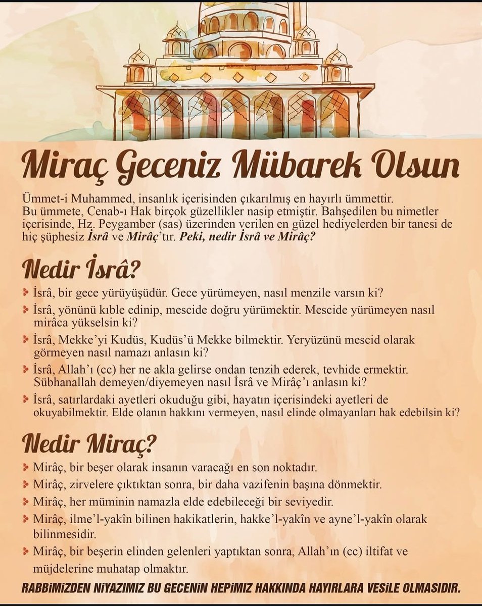 Miraç Geceniz Mübarek Olsun

Ümmet-i Muhammed, insanlık içerisinden çıkarılmış en hayırlı ümmettir.
Bu ümmete, Cenab-ı Hak birçok güzellikler nasip etmiştir. Bahşedilen bu nimetler içerisinde, Hz. Peygamber (sas) üzerinden verilen en güzel hediyelerden bir tanesi de hiç şüphesiz
