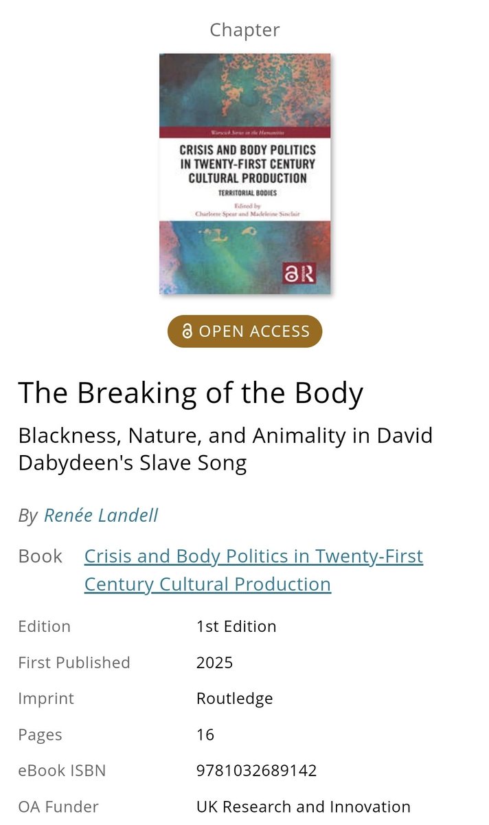 Another book chapter &amp; its open access 🎉

My chapter uses Caribbean neo-slave poems to argue that the idea of white ‘wholeness’ emerges as an illusion maintained by the dual fragmentation of Blackness and nonhuman life.

🔗: taylorfrancis.com/chapters/oa-ed…