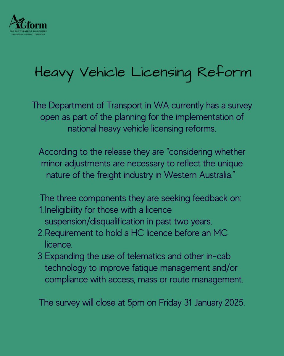 AGformau's tweet photo. You have until January 31 to have your say on the heavy vehicle licensing reforms.
#AGform #AGformAU
Link: https://t.co/bEvgu9VF39 https://t.co/AWks0tDmSn