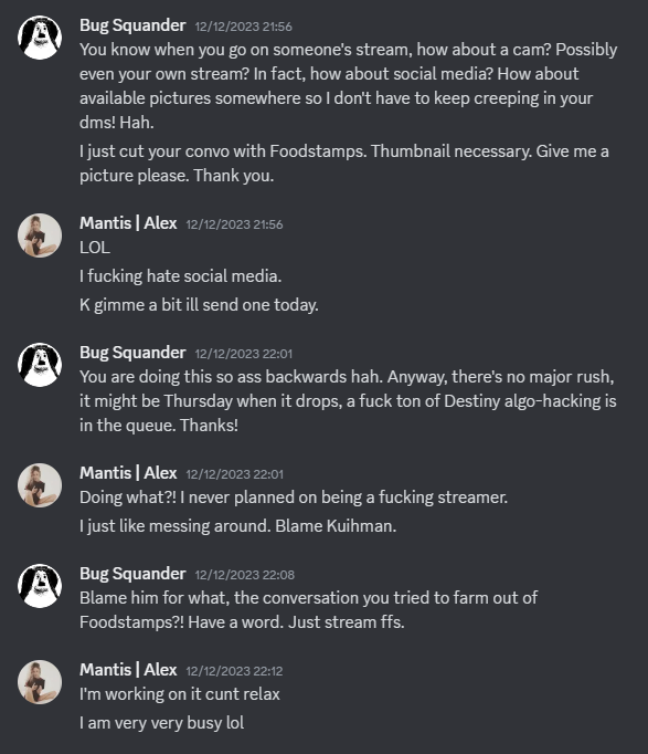 bugsquander's tweet photo. @Mantispr3ys @kuihman The very next conversation. Encouraging you to stream again after you tried to farm Foodshops for your own amusement. But no, we're the bad guys, lil ol' Mantis has no agency, can't make decisions for herself. https://t.co/n78i38hfAV