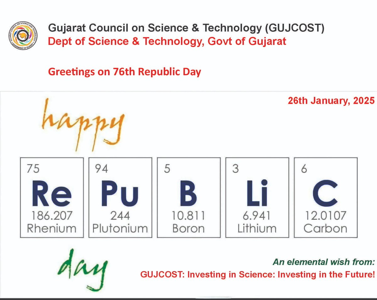 InfoGujcost's tweet photo. On this #76thRepublicDay, we, @InfoGujcost honour the essence of #progress and #innovation!
From the building blocks of the #periodictable to groundbreaking #engineering marvels, every step in #STEMexploration reflects our unwavering dedication to a brighter, scientific future.
Together, letโs invest in #science and create a nation of boundless possibilities!