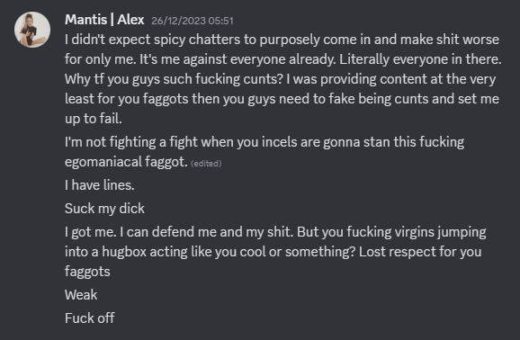 bugsquander's tweet photo. @Mantispr3ys @kuihman "I was providing content at the very least..." This is your actual motivation. No one set you up, no one made you do anything, you made a fool of yourself trying to farm Speakeazy (someone you had prior history with before spicy) and then had a meltdown in my DMs about it. https://t.co/0ehhtWeC5Y