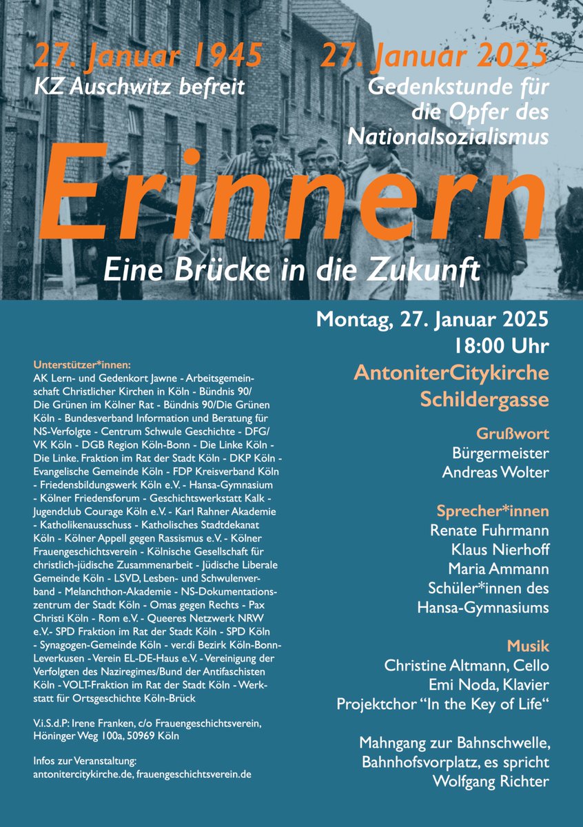 friedenkoeln's tweet photo. Wir laden herzlich ein:

"Erinnern - eine Brücke in die Zukunft"

Gedenkstunde für die Opfer des #Nationalsozialismus -

80 Jahre Tag der #Befreiung des KZ #Auschwitz

am 27. Januar 2025 um 18 Uhr

in der Antoniterkirche, Schildergasse #Köln https://t.co/7uAO3KuKo0