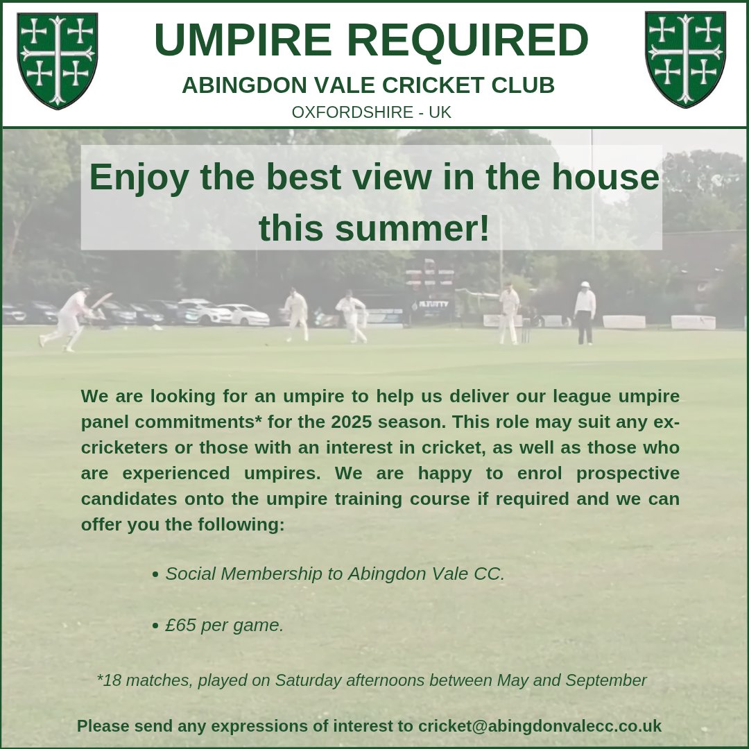 AbingdonValeCC's tweet photo. UMPIRE NEEDED - If you know of anyone who may be interested in helping the club with our umpiring commitments for the 2025 season and beyond, please get in touch to register your interest. https://t.co/cagOLnz8ki