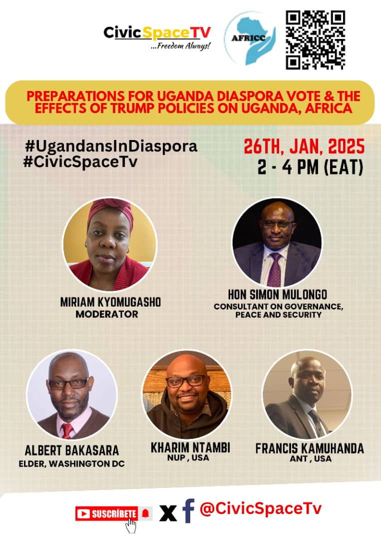 CIVIC SPACE TV (@civicspacetv) on Twitter photo HAPPENING NOW: #CivicSpaceTV #UgandansInDispora about preparations for Uganda Diaspora vote and effects of Trump policies on Uganda , Africa. Showing on youtu.be/X_3FTfT4uMY
<a href="/LynnUg3/">Lynn Komugisha 🇺🇬</a> <a href="/kyomugasho3/">Miriam Kyomugasho</a> <a href="/simonmulongo/">Simon Mulongo</a> <a href="/AlbertBakasara/">Albert Bakasara</a> <a href="/Kharym1/">Kharim Ntambi</a> <a href="/KamuhandaFranc2/">Kamuhanda@Francis</a> HAPPENING NOW: #CivicSpaceTV #UgandansInDispora about preparations for Uganda Diaspora vote and effects of Trump policies on Uganda , Africa. Showing on youtu.be/X_3FTfT4uMY
<a href="/LynnUg3/">Lynn Komugisha 🇺🇬</a> <a href="/kyomugasho3/">Miriam Kyomugasho</a> <a href="/simonmulongo/">Simon Mulongo</a> <a href="/AlbertBakasara/">Albert Bakasara</a> <a href="/Kharym1/">Kharim Ntambi</a> <a href="/KamuhandaFranc2/">Kamuhanda@Francis</a>
