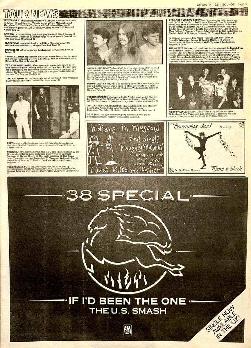 ZoundsAbound's tweet image. A round up of this week’s Record &amp;amp; Tour News featuring information on #MWAB #TheTroggs #JamesBrown #TheWatusiBrothers @Eurythmics #VerticalHold #Haze #LadyJane #RedLorryYellowLorry #Tredegar &amp;amp; #DirtyStrangers 

Sounds Jan 14th 1984
