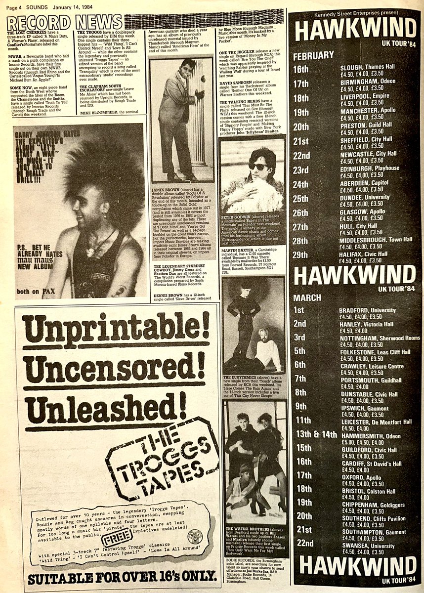 ZoundsAbound's tweet image. A round up of this week’s Record &amp;amp; Tour News featuring information on #MWAB #TheTroggs #JamesBrown #TheWatusiBrothers @Eurythmics #VerticalHold #Haze #LadyJane #RedLorryYellowLorry #Tredegar &amp;amp; #DirtyStrangers 

Sounds Jan 14th 1984
