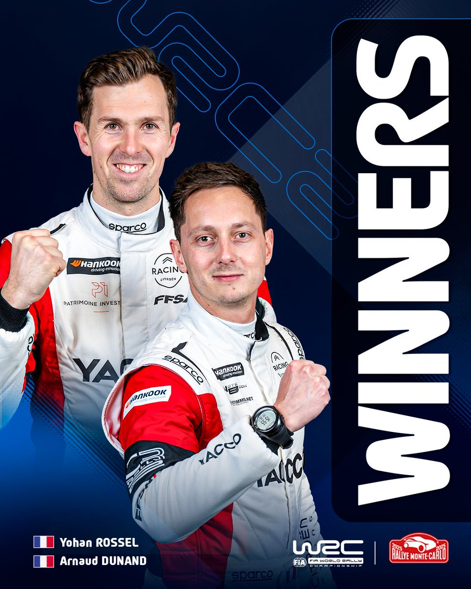 🥇 WRC2 Winners Rallye Monte-Carlo 2025 👏
Congratulations <a href="/Rosselyohan/">Yohan Rossel</a>  / Arnaud Dunand

<a href="/CitroenRacing/">Citroën Racing</a> <a href="/PH__Sport/">PH Sport</a> <a href="/Hankook_Sport/">Hankook Tire Motorsports Official</a> 

#WRC2 | #RallyeMonteCarlo 🇲🇨