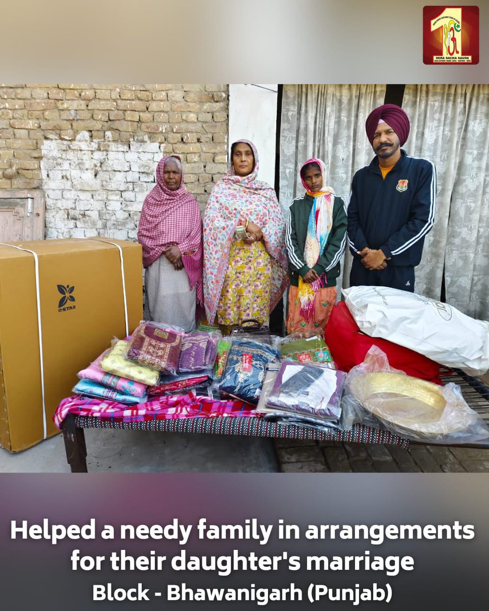 DSSNewsUpdates's tweet photo. With hearts full of compassion, Dera Sacha Sauda volunteers from Bathinda, Bhawanigarh, and Gokalpur came forward to support families in need. Their generous financial contributions and assistance aided destitute families in their daughters' weddings, bringing immense joy.

#GirlMarriage  #HelpingHands #DeraSachaSauda