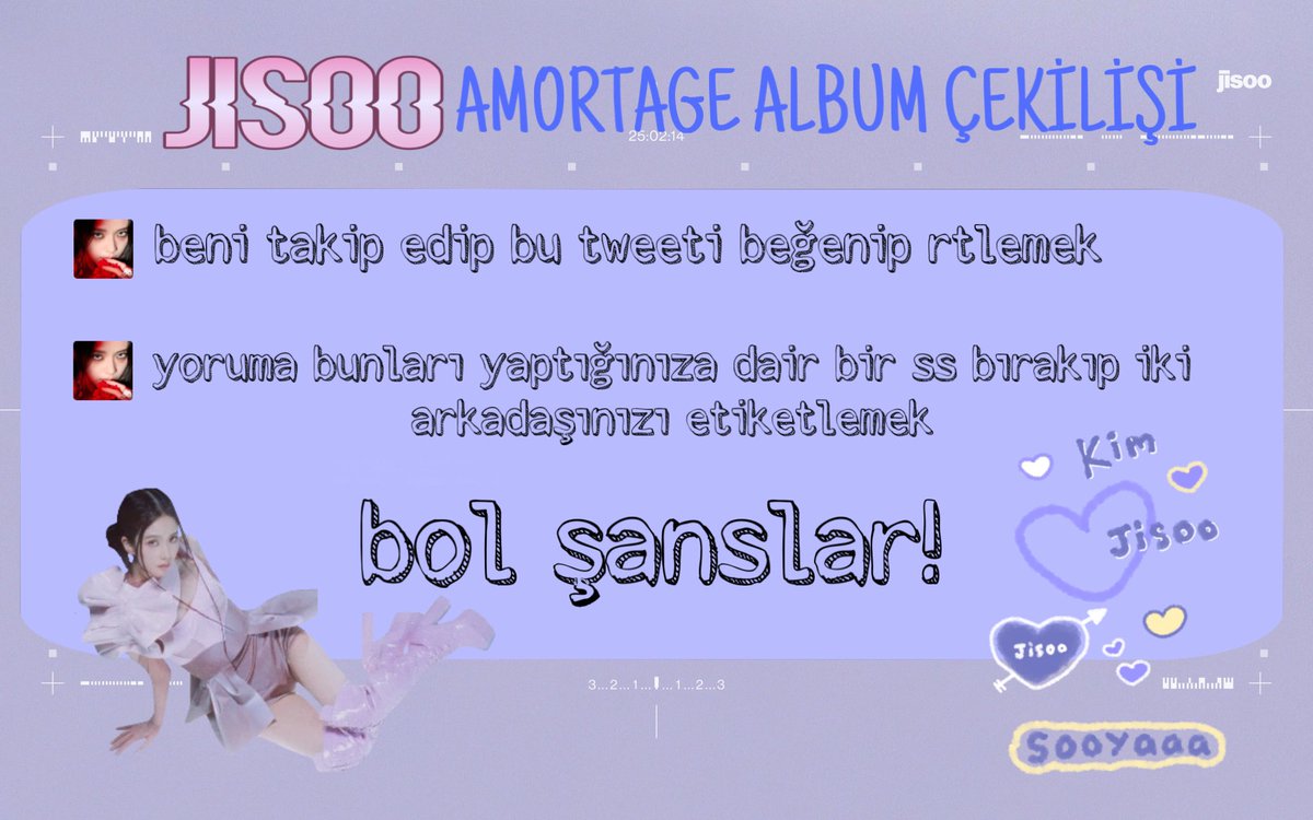 herkese selam, jisoonun solo albümü için 2 kişiye istediği versiyon fiziksel albüm hediye edeceğim. çekiliş şartları fotoğrafta mevcut 🫶🏻