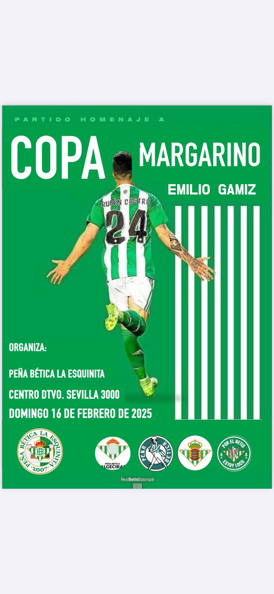 Queda oficialmente fijada la fecha para la III edición de la COPA MARGARINO.Este año contamos con 2 equipos de nuestra peña y con la participación de las peñas amigas <a href="/PBJuanAndante/">PB Juan Andante</a> <a href="/LocosBetis/">Porelbetisestoyloco</a> <a href="/pbalgeciras/">Peña Bética Algeciras</a> y la buena gente de <a href="/PB_ElBarril/">Peña Bética "El Barril"</a> que defiende título.