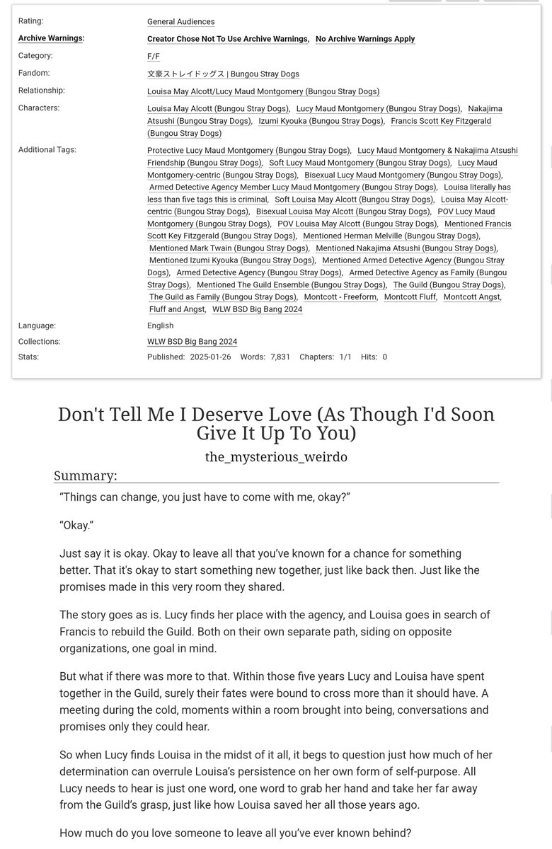 [ Don't Tell Me I Deserve Love (As Though I'd Soon Give It Up To You) ] 

“Things can change, you just have to come with me, okay?”

“Okay.”

#lucymontgomery #louisaalcott #montcott

<a href="/bsdbigbang2024/">BSD WLW Big Bang 2024</a> #bsdwlwbigbang

🧵

x.com/saapphirx/stat…