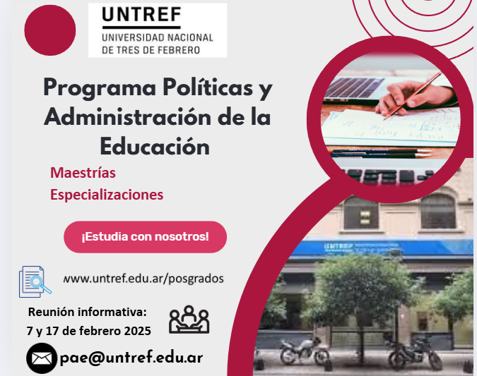 📚 ¡Inscripciones abiertas 2025! El Programa de Posgrados en Políticas y Administración de la Educación de UNTREF te invita a ser parte de su nueva cohorte.
🔗 Conoce la oferta académica 👉linktr.ee/posgradosUNTREF
📩 Consultas: pae@untref.edu.ar