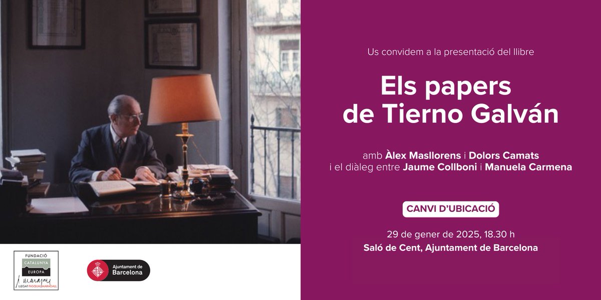 🚨 CANVI D'UBICACIÓ 📍 

La presentació del llibre "Els papers de Tierno Galván" tindrà lloc al Saló de Cent de l'Ajuntament de Barcelona. 

📅 29 de gener de 2025, a les 18.30 h  

Més informació catalunyaeuropa.cat