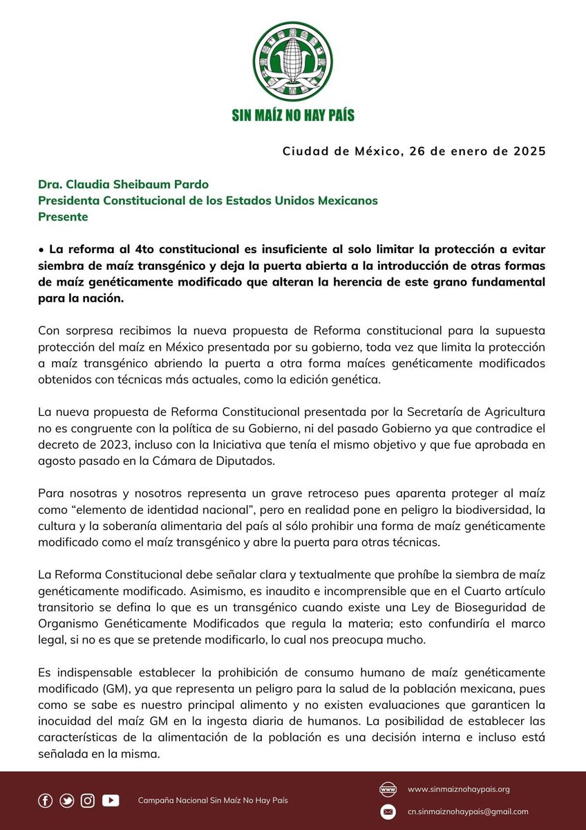 Carta a la Dra. Claudia Sheinbaum Pardo, Presidenta Constitucional de los Estados Unidos Mexicanos sobre la reforma constitucional a los artículos 4to y 27 en materia de maíz 🌽