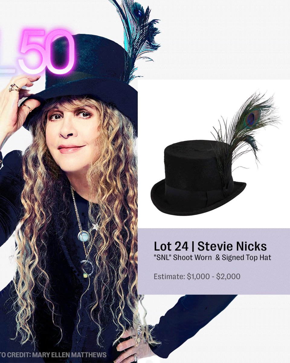 StevieNicks's tweet image. Own a piece of rock and roll history while supporting a great cause! ✨
This February 2nd, bid on Stevie Nicks’ top hat worn during her 2024 “SNL” promo shoot! Signed and adorned with celestial doodles, this hat comes with a peacock feather and original hat box.
Donated by…