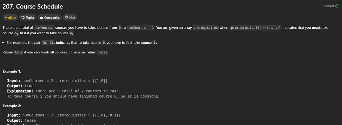 JashanMaan81547's tweet image. Today marks Day 85 of the #100DaysOfCode Challenge, and I am approaching Leetcode problem 207 with focused determination. 
I appreciate the support from my mentor at Apna College. 
#learnandbuild