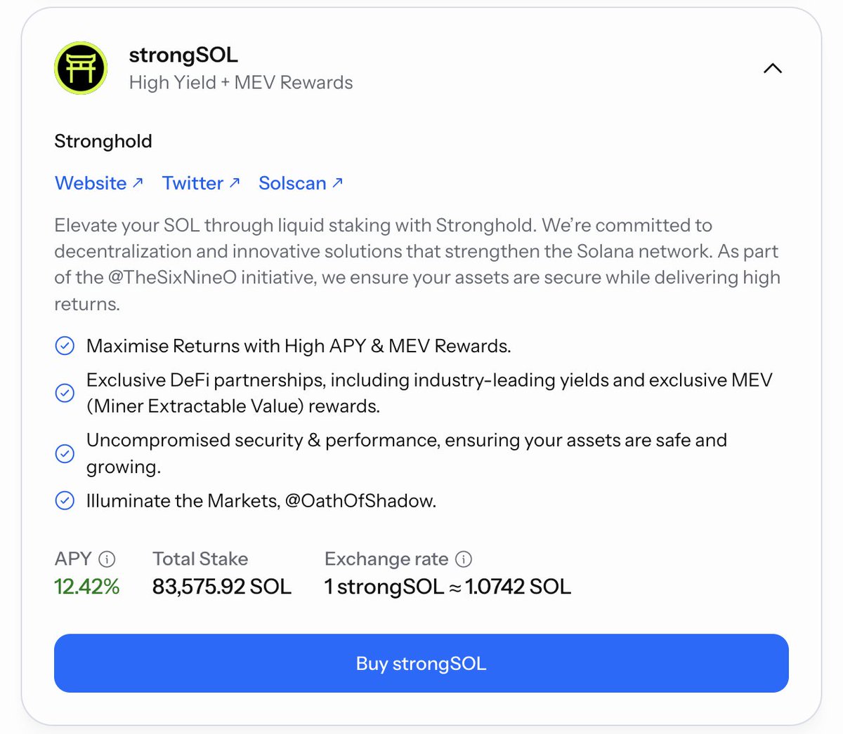10% native APY?
12.42% $StrongSol LST APY? <a href="/sanctumso/">Sanctum ☁️</a> 
99% vote rate? 

More staked SOL = higher block rewards = greater returns for stakers.

<a href="/paladin_solana/">Paladin</a> airdrop coming directly to <a href="/StrongholdSOL/">Stronghold | Solana Validator 🥷</a> stakers wallets, with no sign ups required?

What ya waitin for anon.