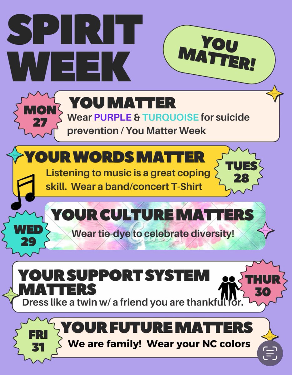NC_Counsel's tweet photo. Next week is You Matter Week at NCHS, True North, and JEL! We have a week full of activities and themes as we celebrate every individual student and the value they add to our school and culture. Join us by participating in the Spirit Week days! #WhyWT #YouMatterWeek #PantherPride https://t.co/P9hYw47qDK