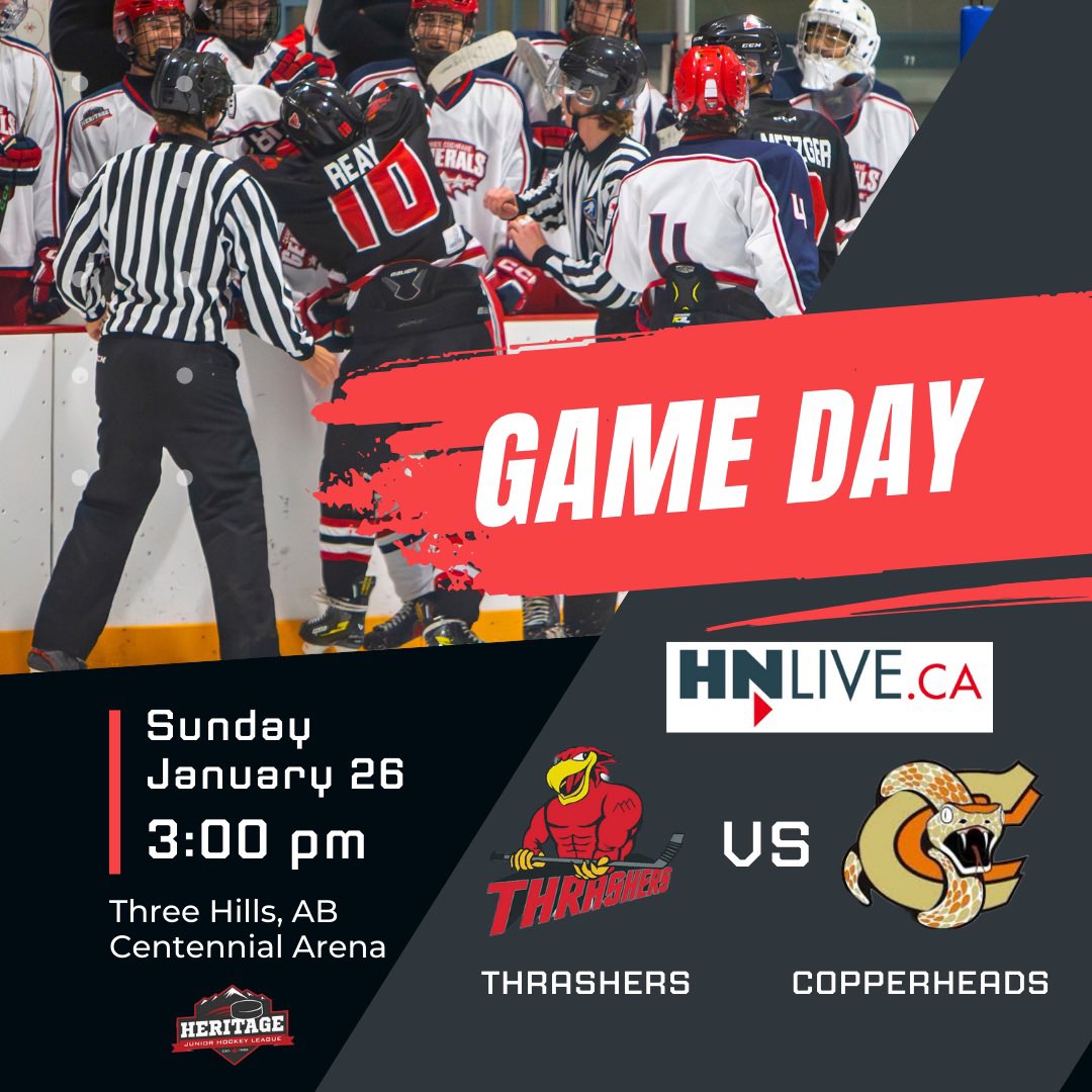 🚨GAME DAY🚨 The <a href="/CopperheadsHcky/">Coaldale Copperheads</a> slither into town for a rare afternoon showdown, and it’s the perfect time for the Thrashers to strike and make it two in a row! Action kicks off at 3:00 PM. Can’t make it? Tune in on <a href="/HNLiveCA/">HNLive</a>