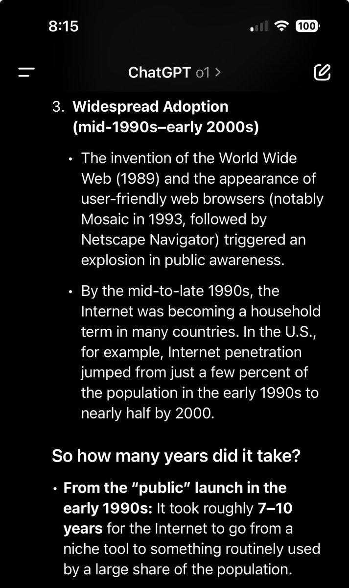 AronKale8's tweet photo. @SomeCallMeDubbs As ChatGPT helped me explain below, even the internet took nearly a decade from "easily available" to "widespread adoption." It's more-than-a-little harsh to say everyone who isn't an early adopter is a midwit but I think we're in a similar situation. https://t.co/VfDzf1ODZ8