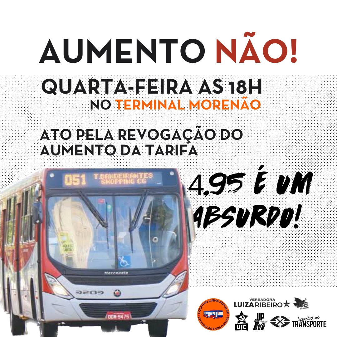 Ujc_Ms's tweet photo. R$ 4,95 É ROUBO! MANIFESTAÇÃO PELA REVOGAÇÃO DO AUMENTO DA PASSAGEM

Já há tempo que quem utiliza o transporte coletivo em Campo Grande está tendo de lidar com cortes nas linhas de ônibus, redução das frotas, sujeira por falta de manutenção, bancos quebrados, constantes falhas e+ https://t.co/dlYsQ4K8Ow