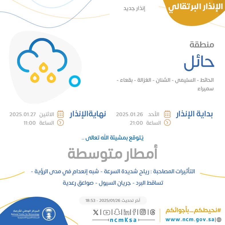 🟠 الإنذار البرتقالي منطقة #حائل 

🔹الحالة :يتوقع بمشيئة الله تعالى 
أمطار متوسطة.
🔹التأثيرات المصاحبة :رياح شديدة السرعة-شبه إنعدام في مدى الرؤية-تساقط البرد-جريان السيول-صواعق رعدية.

🔹نهاية الإنذار : الاثنين
🗓️ 27 /01 /2025 
🕙  11:00
#المركز_الوطني_للأرصاد