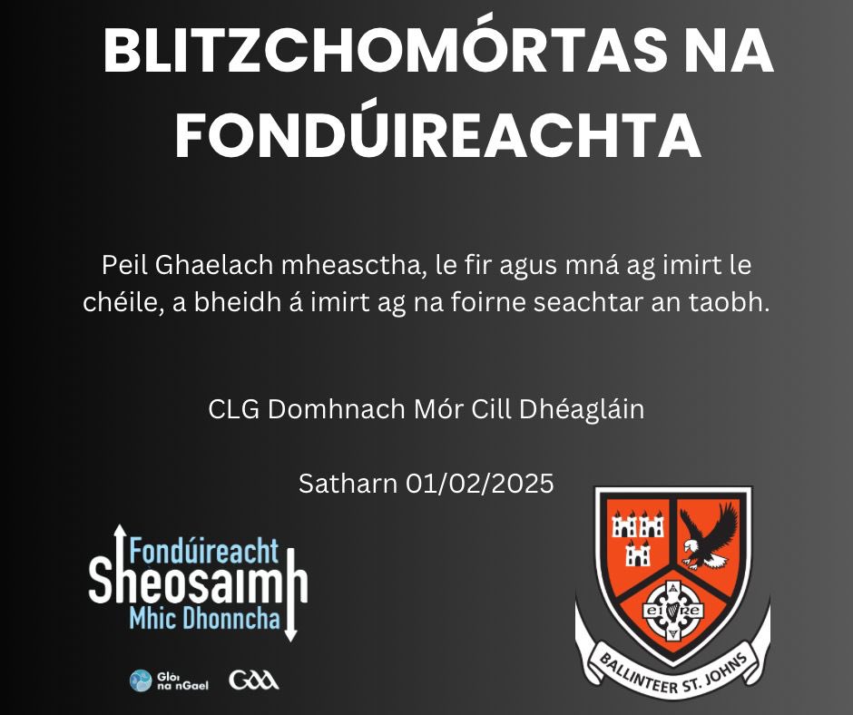 Beidh Blitzchomórtas ann an tseachtain seo chugainn agus beidh BSJ san iomaíocht ann. Táimid fós ag lorg imreoirí mná agus fir aois 17-99 más suim ag aon baill eile imirt!
#GAAGaeilge #FSMD