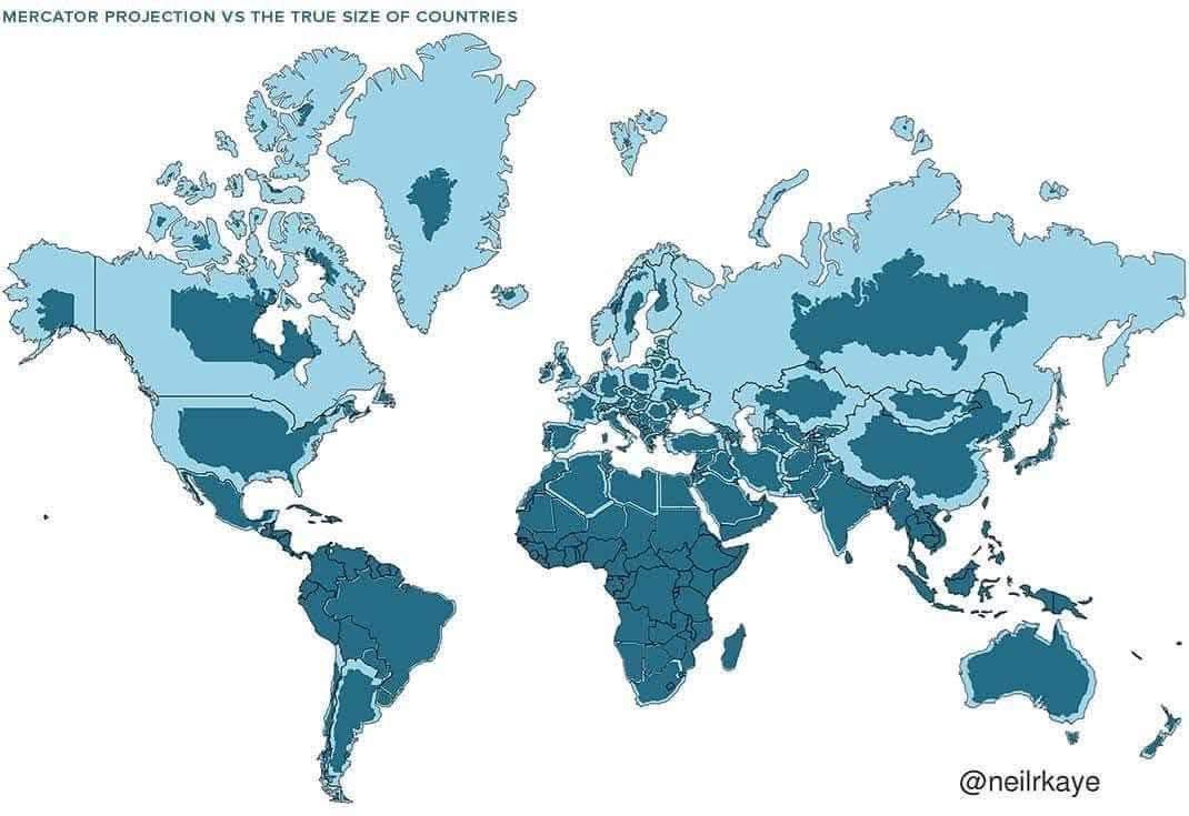 Quand on nous montre la carte du monde, la plupart du temps elle est totalement fausse dans la taille respective des pays. 
En réalité l'Afrique mesure plus de 30 millions de km2 et donc est de 13 millions sup à la Russie ou à l'Amérique du Sud. Voici les proportions réelles