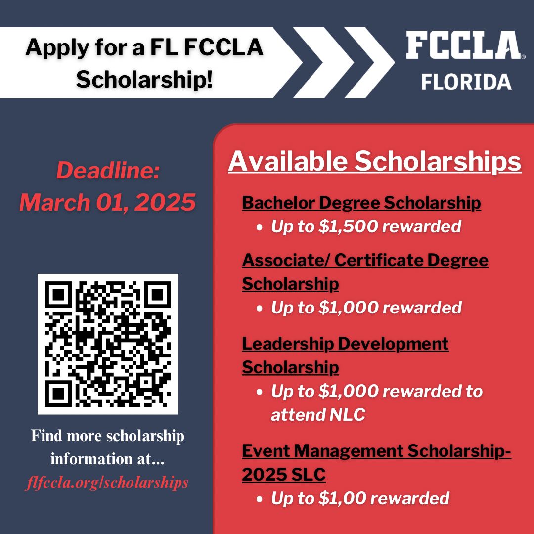 These scholarships are the perfect opportunity for you to earn financial aid to help you along your journey in FCS/FCCLA related careers, as well as further your leadership skills development! Make sure to have your applications ready and submitted by the deadline March 1st,2025.