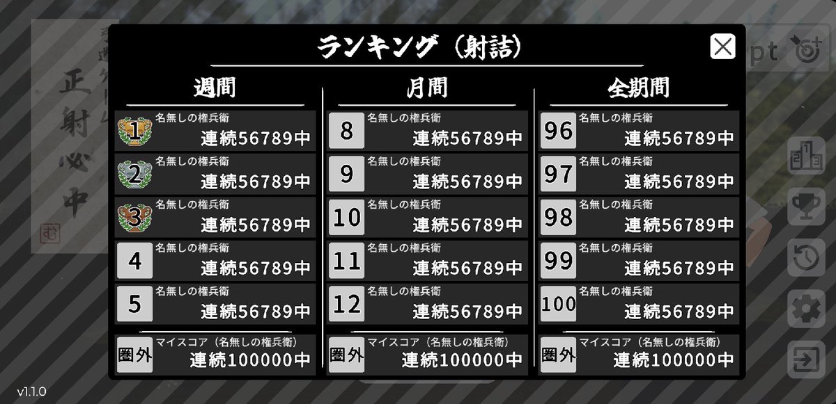 mutuworks's tweet photo. 弓道ゲーム 正射必中の追加機能、オンラインランキングのUIをちまちまと実装中。
このレイアウトだと情報がギッチギチに詰まり過ぎてて見た目うわっ、てなるんでもっと引き算せな(;´Д`)
#unity #indiegame #gamedev #vroid #ゲーム制作 #弓道 #正射必中 #PlayFab https://t.co/HCkEkVAA5A