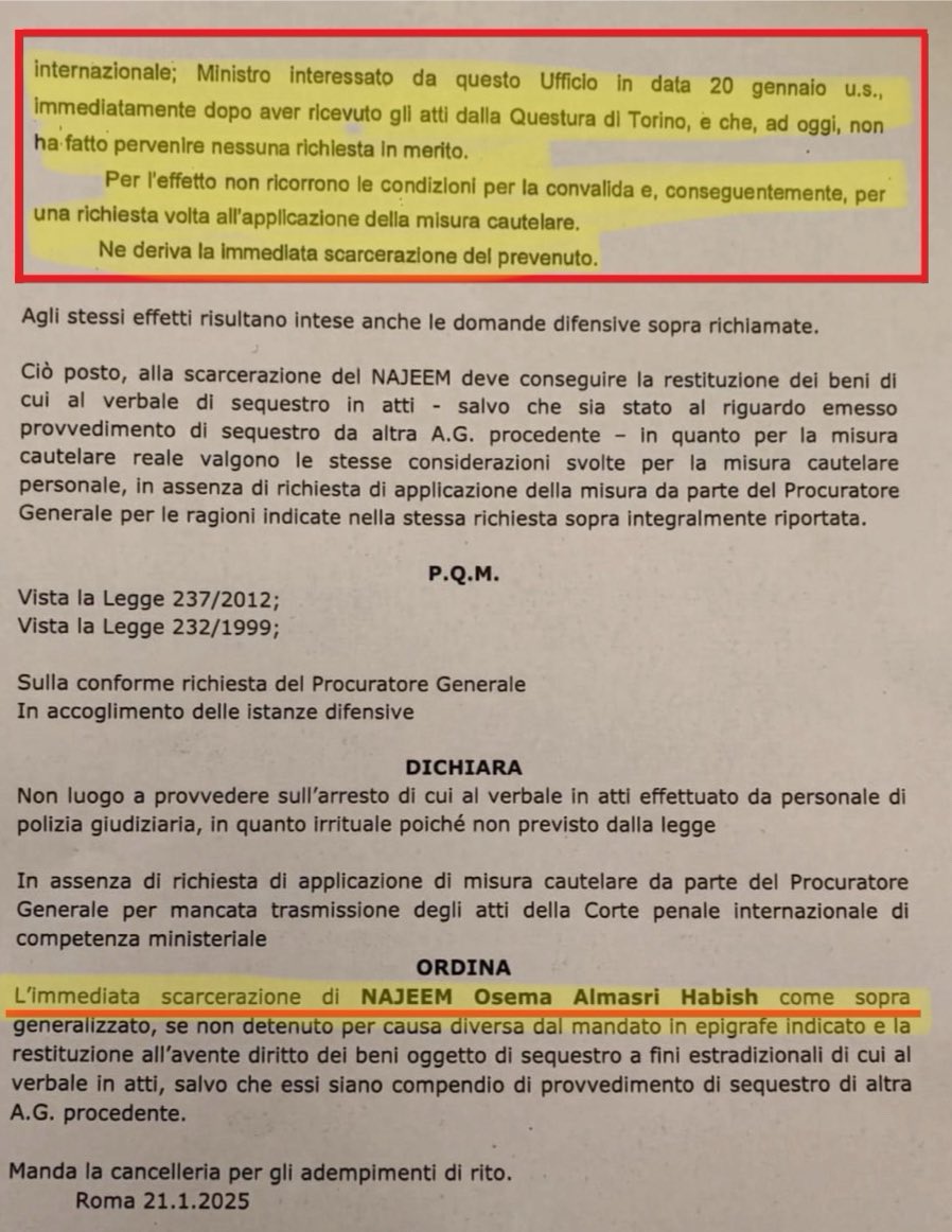 ANMagistrati's tweet image. Questa è l’ordinanza sulla scarcerazione del generale libico Almasri. Ribadisce quanto abbiamo sottolineato: la decisione dipende dall’inerzia del ministro della Giustizia.