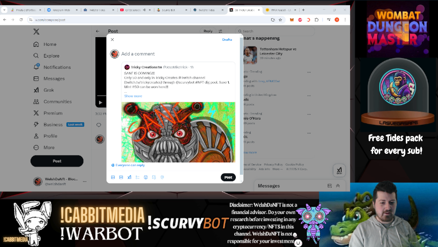 welshdanft's tweet photo. Yo @WAX_io, 

Chilling in stream with @BlackFang_ART @rabbitlarry1 @LouNashville @Mortal_Wombats_ @Apo7heosis_  @NFLottery  and our amazing community running some @TwitchyTides and @JessMikeTrick drops this banger into his dig pool!

Gooda luck everyone!

https://t.co/fhpL0j98KS https://t.co/XcaQ8plrXT