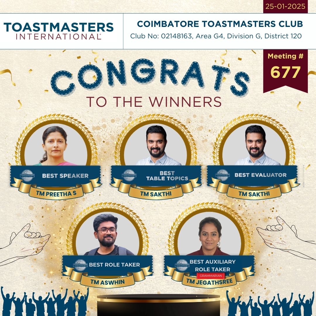 CTC_since_2011's tweet photo. Honouring Excellence at Meeting No. 677! ✨🎉

🎤 Best Speaker: TM Preetha Senthilkumar
💡 Best Evaluator: TM Sakthi
💬 Best Table Topics Speaker: TM Sakthi
📝 Best Tag Player (Grammarian): TM Jagathsree
🎭 Best Role Player (TMOD): TM Aswin https://t.co/JCwOg5tM9R