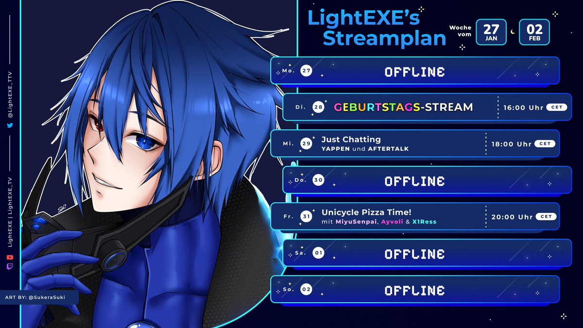 Diese Woche wird einfach nur C̸̭̣̃͝Ŗ̷̡̎A̵̡͉͆̈Z̸̢͈̀̅Ý̴̯͘

Am Dienstag feiere ich meinen GEBURSTAG und ihr seid ALLE eingeladen🥳

Am Mittwoch heißt es wieder YAPPEN 🫨 

Und am Freitag folgt die UNICYCLE PIZZA TIME COLLAB mit <a href="/MiyuSenpaiVT/">MiyuSenpai 💜</a> <a href="/ayvoli/">ayvoli🌺~ʚGERVtuberʚ~🐮</a> &amp; <a href="/X1RESS/">XIRESS | GERVTuber</a> 😍

HYPED🤩