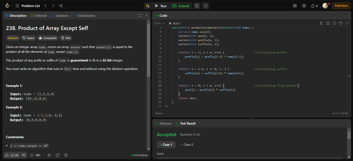 albion_codes's tweet photo. Day 12 of pursuing DSA
Solved the Product of Array Except self problem on LeetCode using 3 approaches
1 - Brute Force O(n^2)
2 - Optimal - TC = O(3n), SC = O(n) 
3 - Optimal with reduced SC by avoiding extra storage arrays and TC = same
#DSA #LeetCode #CodingJourney #consistency https://t.co/iMerxZLp6d