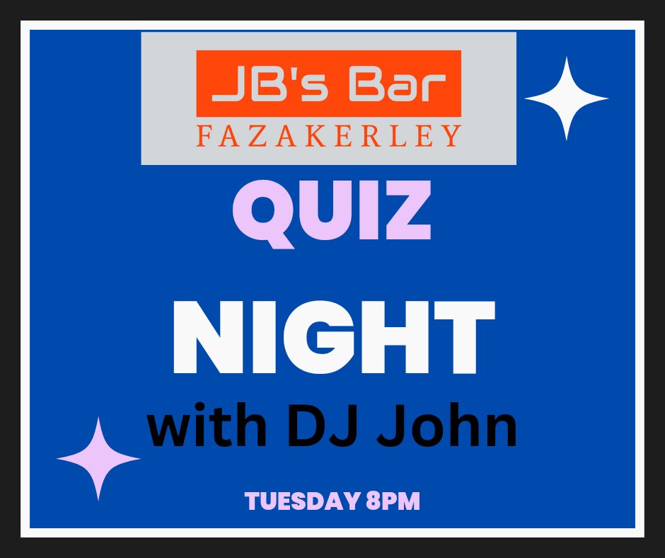 It's Quiz Night, on Tuesday, at JB's Bar!! 

Make sure you don't miss this week's quiz with our host, DJ John! The best night around!!

Cash prize for the winner! 

The fun starts at 8pm. 

Please share/tag your friends 👍

#Fazakerley #quiznight  #supportlocalbusiness