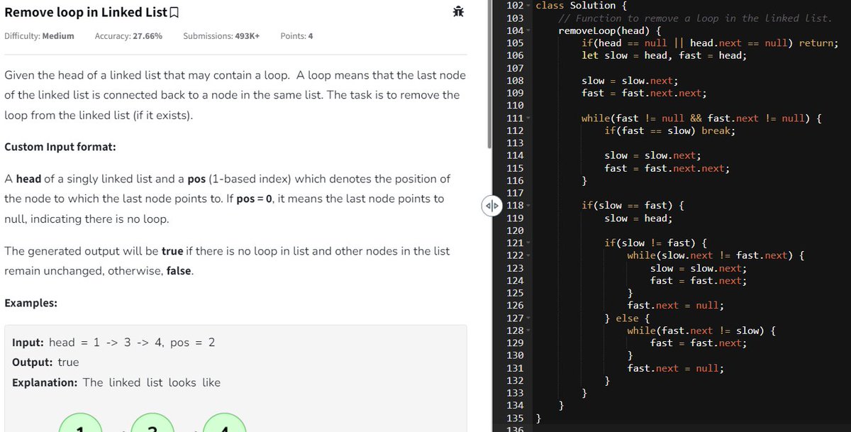 guptavinit973's tweet image. 😁 Day 64 😁

Solved today&apos;s POTD- Remove loop in Linked List ✅
This problem was also solved using Floyd&apos;s Cycle Detection Algorithm with a bit of edge case handlings just like previous two questions I solved! 😊

#gfg160 #geekstreak2024 #javascriptFun #dsa #javascript #coding