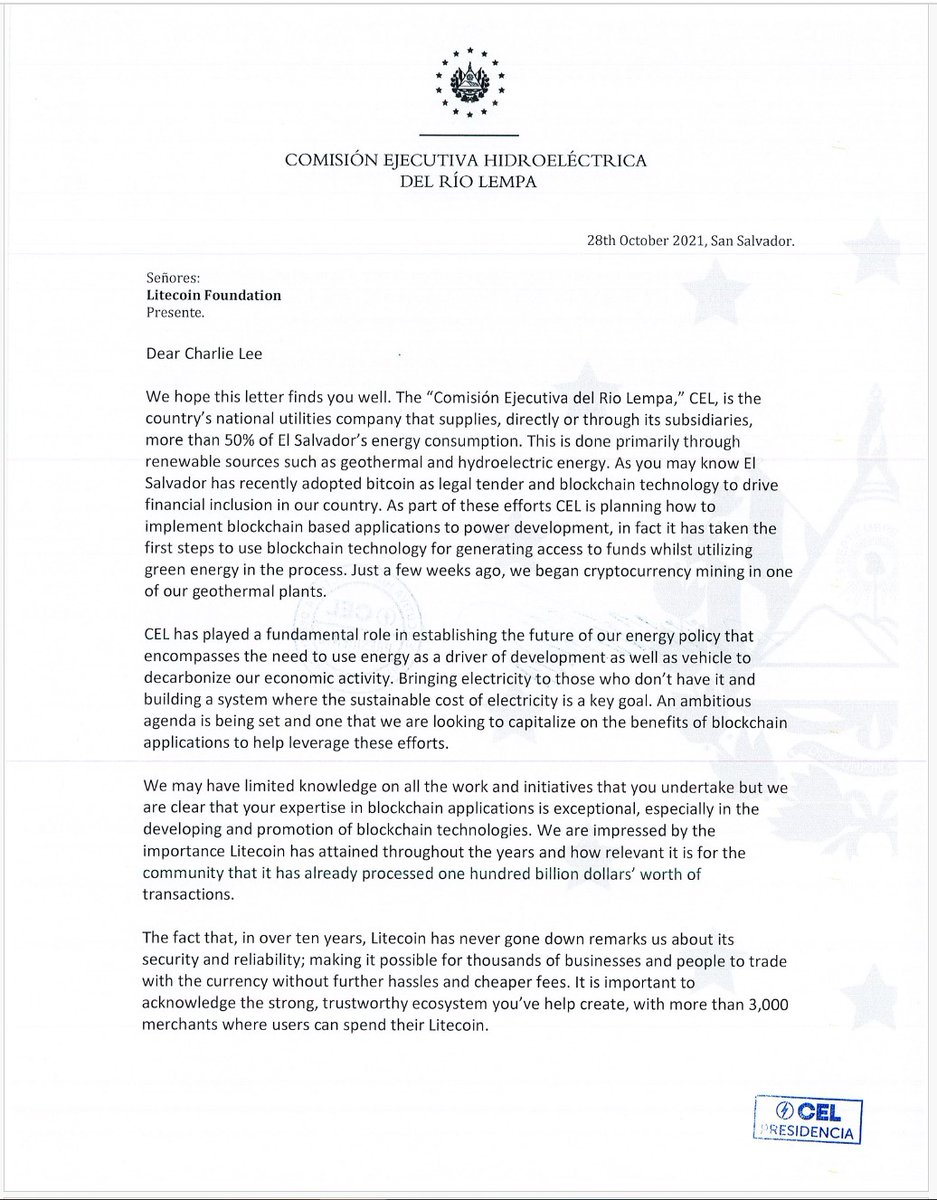 litecoin's tweet image. October 2021, letter from CEL signed.
November of 2021, contact between CEL and Litecoin Foundation commenced regarding assistance.
Six months of meetings/consulting starting in January of 2022
June/July of 2022: Radio silence from CEL and Bitcoin is steamrolled ahead &amp;amp; fully…