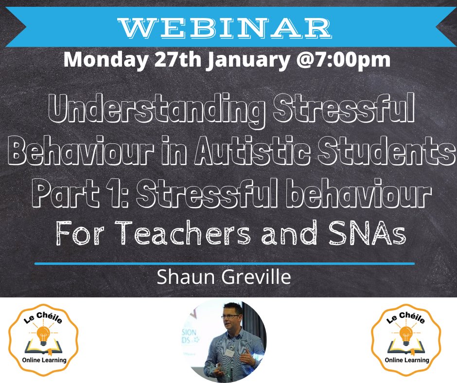 Understanding Stressful Behaviour in Autistic Students 

Tomorrow evening at 7pm -8pm
 
A recording and a cert of attendance will be shared with all registrants

Target Audience: Primary School SNAs &amp; Teachers

Link: lecheileonlinelearning.ie/webinars/snas/…