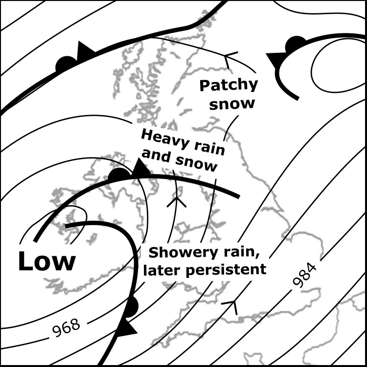 Mon 27/1: A lull in the wind across the Highlands. Areas of snow toward the east, often dry near Skye. Snow moves onto hills in SW Scotland, increasingly heavy. Gales or severe upland gales Eng. and Wales, frequent heavy showers become constant rain, snow on high Lakeland fells.