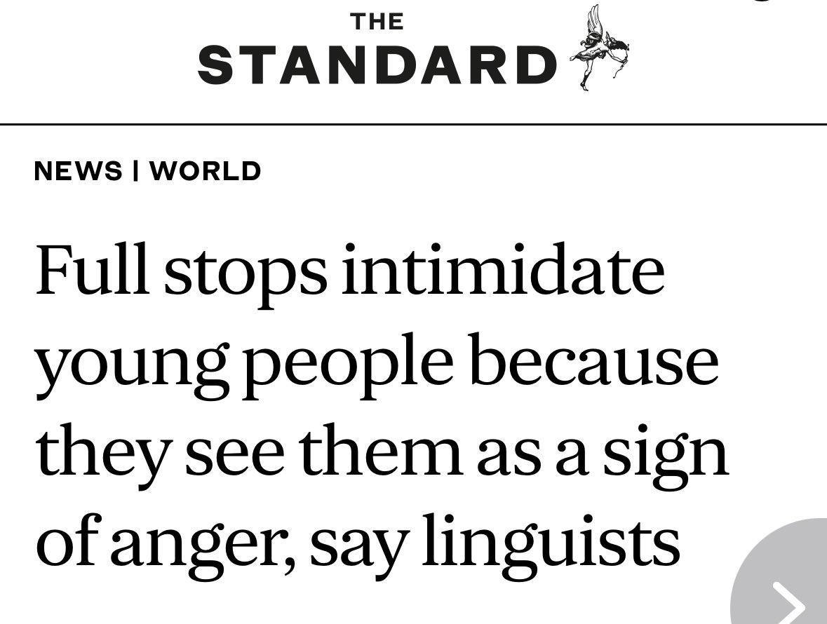 <a href="/fesshole/">Fesshole🧻</a> You carry on, Sir, and feel free to use two spaces after a full stop too, and use the Oxford comma. Anyone intimidated by full stops needs to get some perspective.
standard.co.uk/news/world/you…