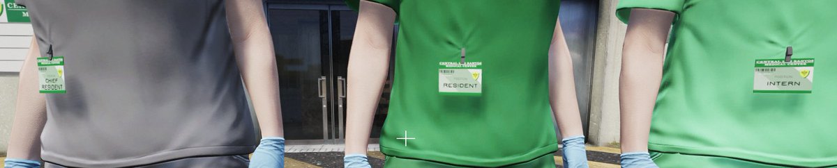 Elochai89's tweet photo. Saw a bug report for holes in the sleeves of the scrubs, ended up on a side quest instead. Separated the cards and gave em a new design to match the hospital properly + all of the doctor ranks https://t.co/HM6uuTnrEQ