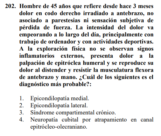 ojedathies's tweet photo. Pregunta 202: Nos cuentan el caso de un paciente con dolor en la epitróclea (cara medial del codo, inserción de musculatura flexora-pronadora) que empeora con actividades. Codo de golfista / epitrocleitis / epicondilitis medial. Respuesta CORRECTA: 1 https://t.co/Hfmh0RUAIi