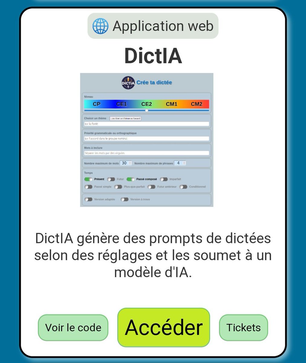 NicoleChedotal's tweet photo. 🌟 Nouvelle application #LaForgeEdu très utile pour les professeurs des écoles
https://t.co/VdVEFMBn8B
🎯#DictIA génère des dictées selon vos paramètres
🌟 les Ressources de la Forge des Communs Numériques Éducatifs à l'école
➡️https://t.co/ls7JVez8B6 https://t.co/NK5pJetOxh