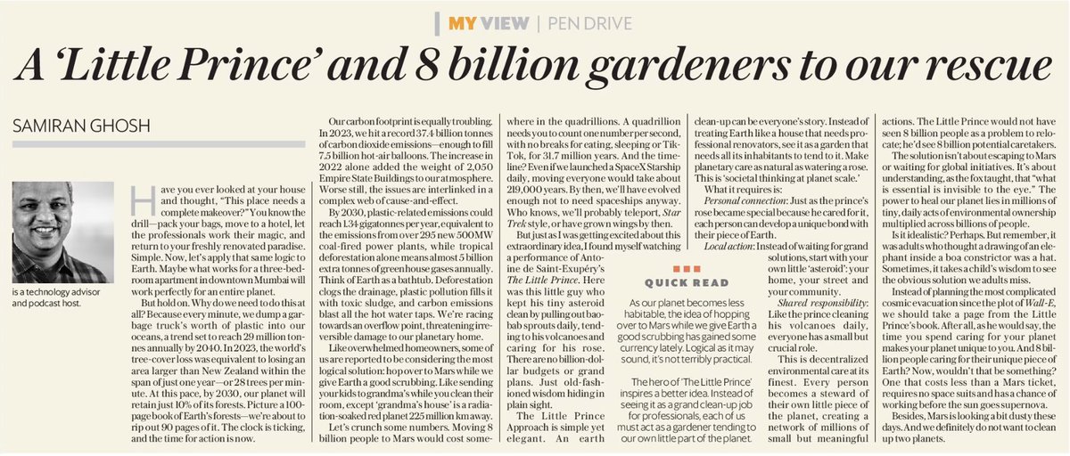 My article in the <a href="/livemint/">Mint</a> explores how we can reimagine our Earth cleanup plan through the innocent yet profound perspective of the Little Prince. This allows us to view our complex environmental challenges through a lens of simplicity and wonder.

livemint.com/opinion/online…
