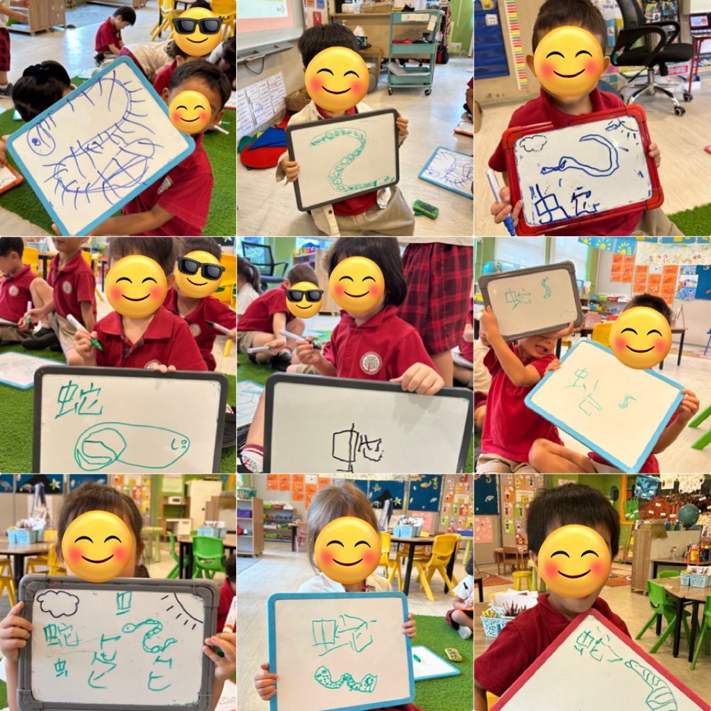 esthersspw's tweet image. Preschoolers’ creativity shines bright! 🌟 They amazed us by drawing snakes 🐍 and writing the Chinese character for ‘snake’ (蛇). Such a fun and engaging way to blend art and language learning! @HELPISKL @HISPriMandarin #his_learning #10years1journey