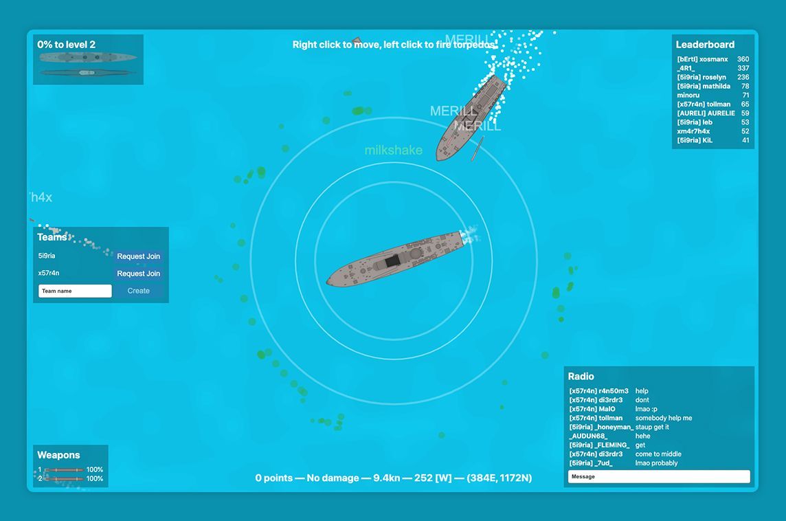 MadeWithSvelte's tweet photo. An online multiplayer game #madewithsvelte! The open-source naval combat game https://t.co/Ks9JHNVinG lets you take control of a ship and some torpedoes to wreak havoc 🚀💥 - https://t.co/VcMwylsd9T https://t.co/xTGxtnvBMD